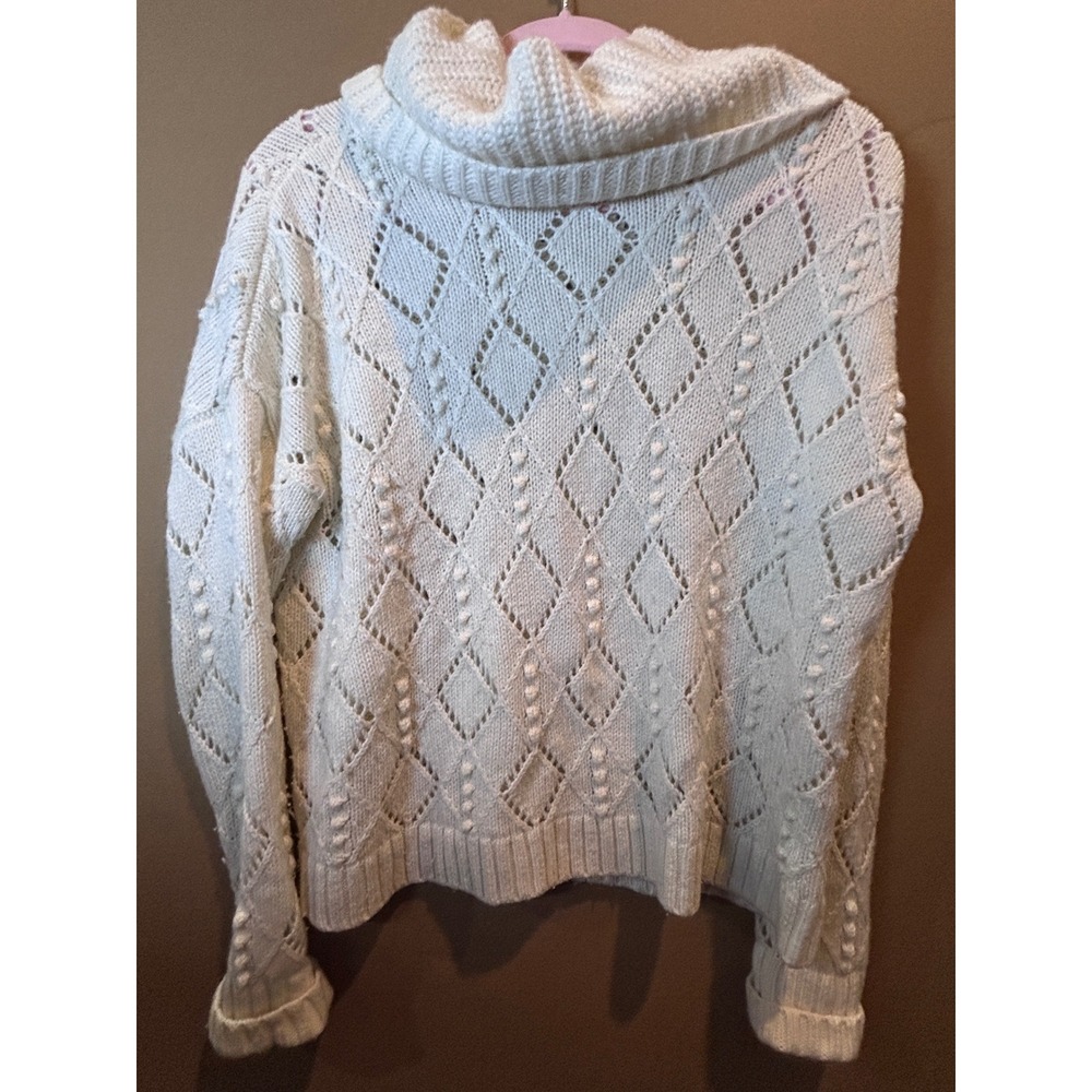 LOFT‎ Cowl Neck Sweater Womens Medium Cream Pointelle Diamond Bobble Knit Exc